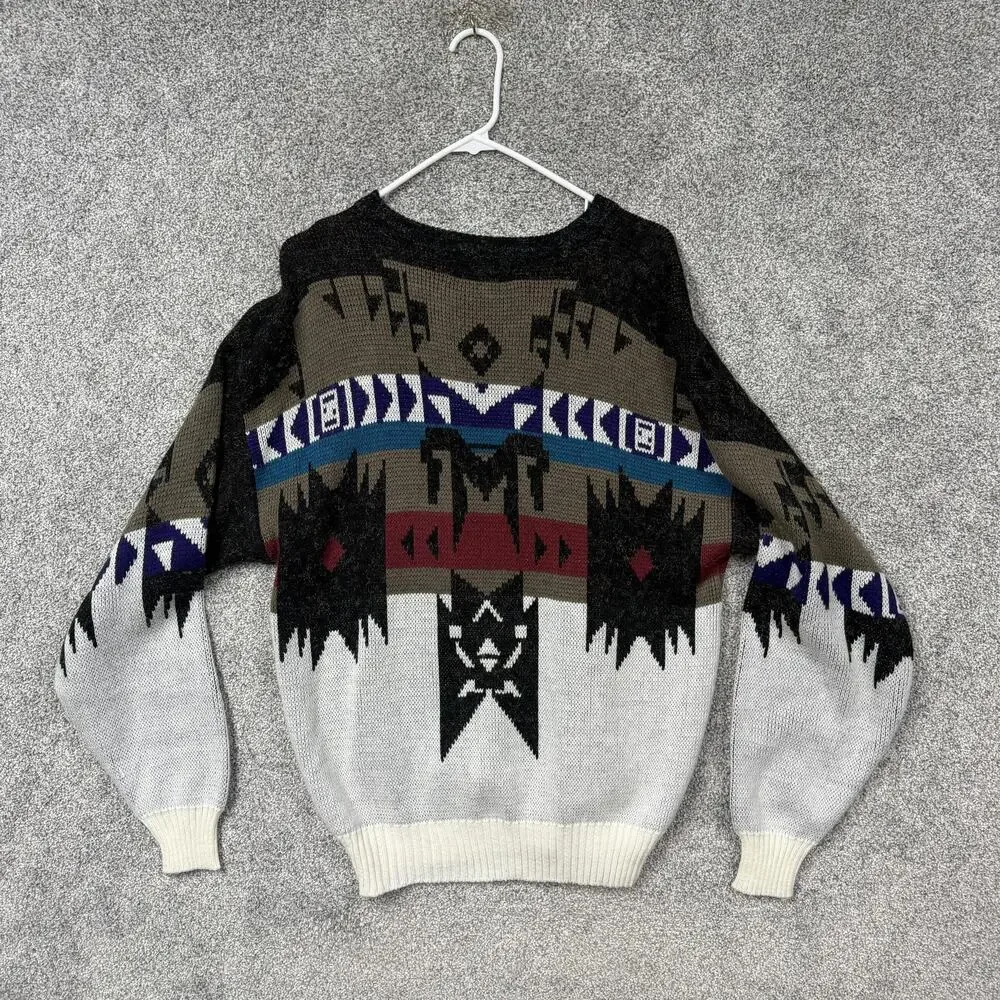 Vintage 80s 90s St Johns Bay Sweater L Aztec Tribal Western Gothic Grandpacore